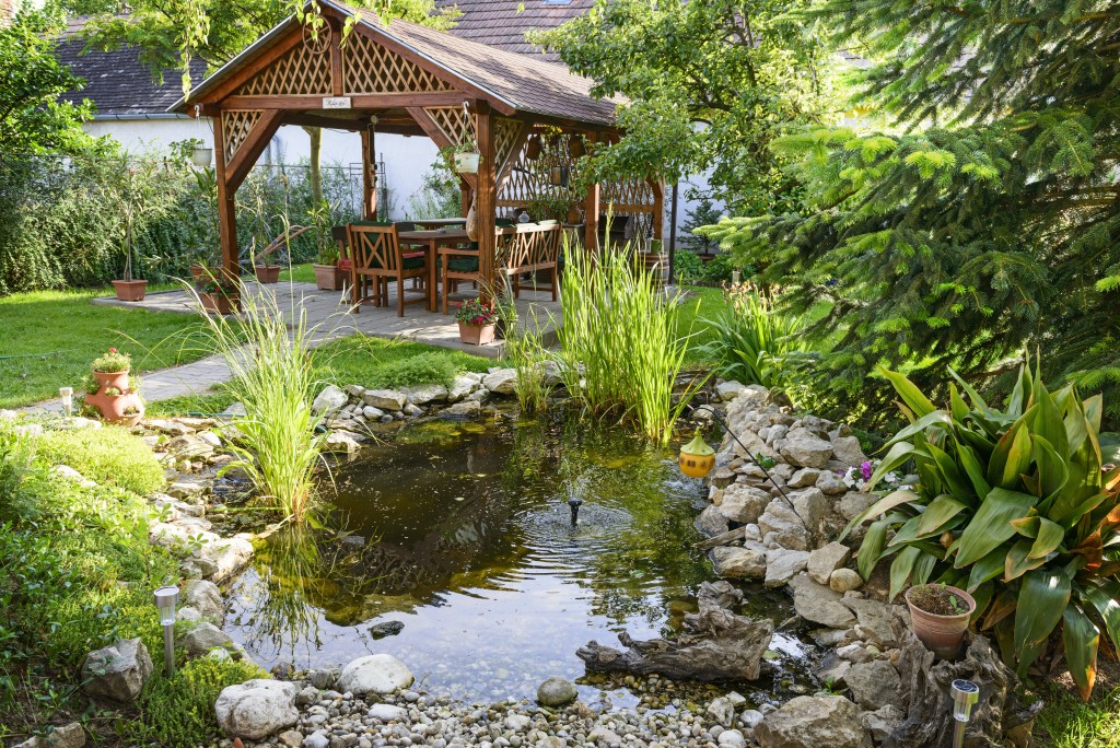 Beautiful Garden With Bench And Little Pond To Relax