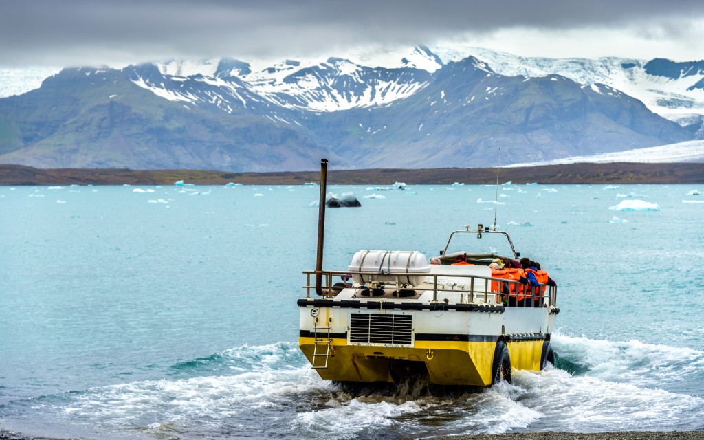 Amphibious vehicle in Jokulsarlon glacier lagoon - South Iceland