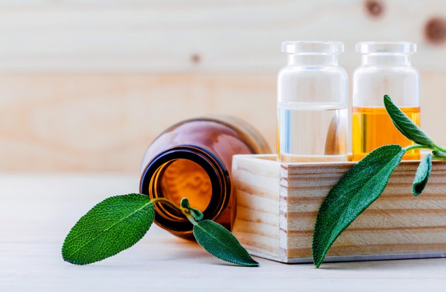 natural products in vials with leaves
